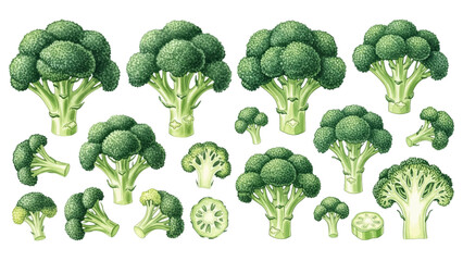 A detailed collection of fresh green broccoli illustrations, including whole heads and cut florets.