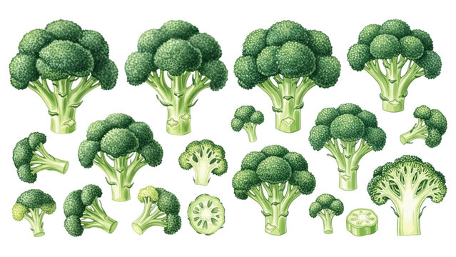 A detailed collection of fresh green broccoli illustrations, including whole heads and cut florets.