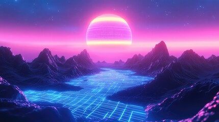 Retro futuristic landscape with glowing sun and neon grid valley