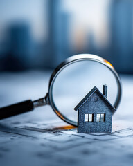 Fototapeta premium Magnifying glass examining house blueprint vector icon with left copy space