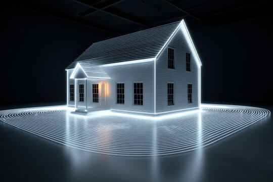 Wireframe house with neon outlines and lidar waves in augmented reality scan concept