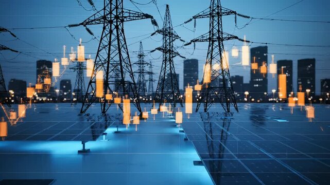 Power towers transmit electricity with trading chart overlay at dusk. Solar panels generate energy near city towers. Financial data shows power trading. Energy grid with chart overlay near skyline.
