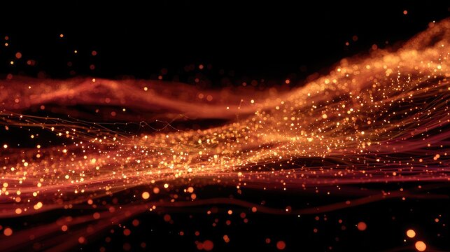 Abstract flowing wave connecting orange data particles
