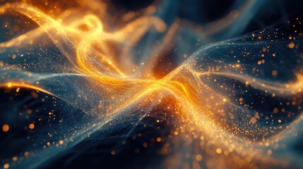Energy waves forming abstract gold and blue particle trails