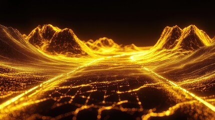 Digital landscape transforming data into glowing particle mountains
