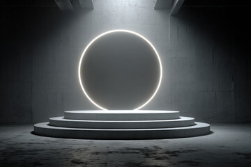 Obraz premium Minimalist circular wall cutout with round podium and soft rim lighting