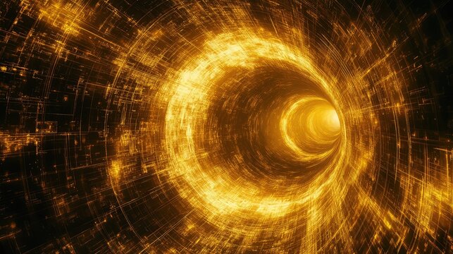Golden digital tunnel with glowing data lines moving forward