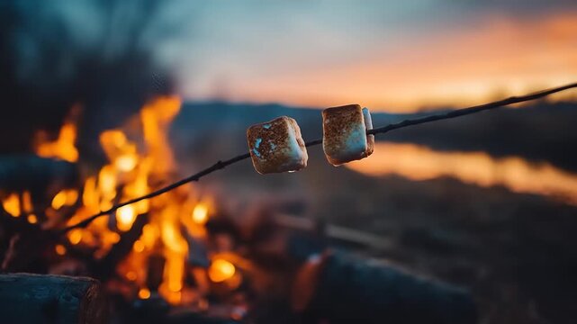 Marshmallows roasting over campfire at sunset with warm colors