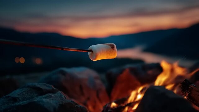 Marshmallow roasting over fire pit with sunset background