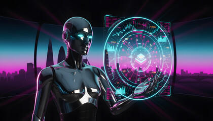 Cybernetic AI Robot Analyzing Financial Data Hologram in a Synthwave Night City