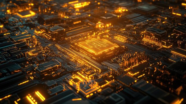 Circuit board illuminating with glowing data connections