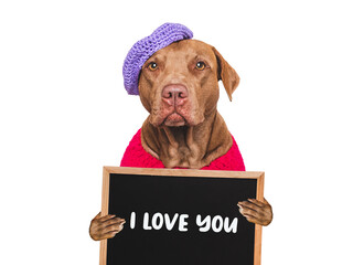 Cute dog and inscription I Love You. Close-up, indoors. Studio shot. Congratulations for family, relatives, loved ones, friends and colleagues. Pet care concept