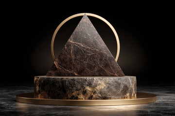 Minimalist dark brown marble podium with gold arches on black background