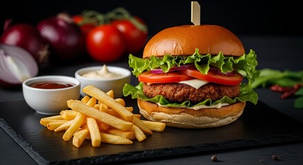 A gourmet cheeseburger with french fries and dipping sauce, presented on a dark slate board