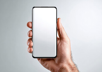 Hand holding a smartphone with blank screen on white background in sharp focus