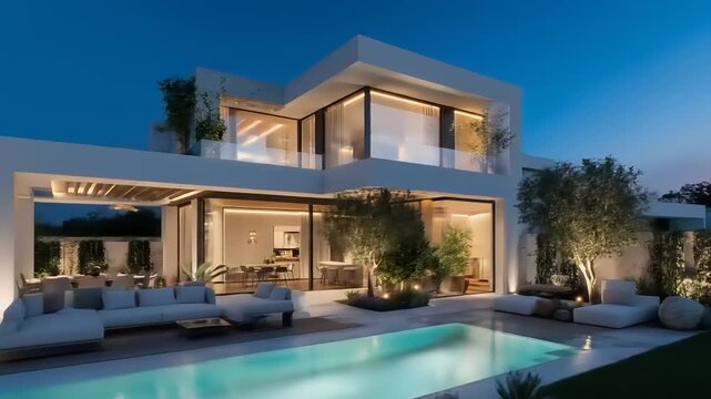 Modern luxury home exterior at twilight with swimming pool