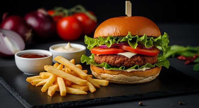 A gourmet cheeseburger with french fries and dipping sauce, presented on a dark slate board - Powered by Adobe