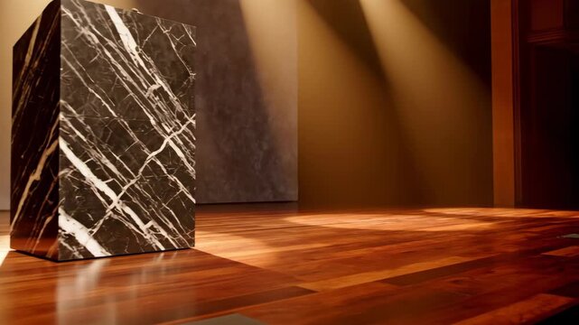 Close-up shot of a black marble block with white veins on a wooden floor with warm lighting and a minimalist background.