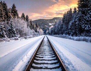 Fototapeta premium Railroad tracks lead through a snow-covered forest at sunset