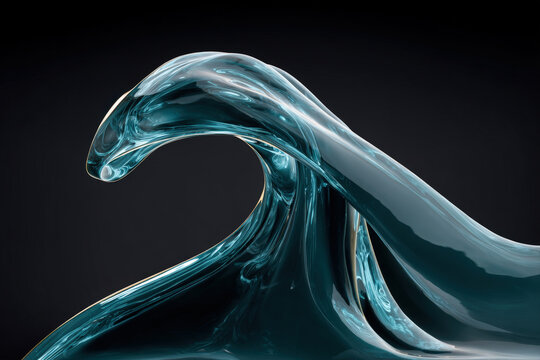 Elegant dark teal glass sculpture with fluid abstract form on black background