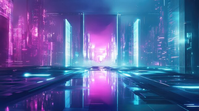 Futuristic cityscape reflecting vibrant neon glowing light