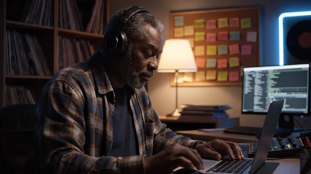 Man coding on laptop computer. Developer and programmer in home workspace. Coder wearing headphones and smiling. Software project visible on monitor and screen. Warm lamp record shelf add cozy vibe.