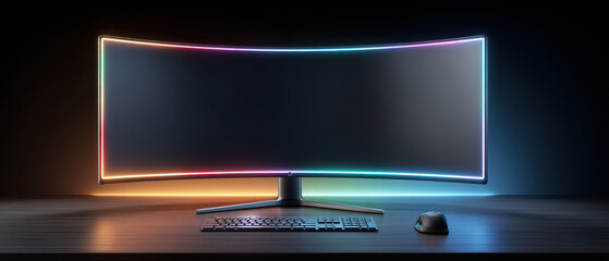 Ultra-wide curved monitor with neon rim on dark desk showing blank UI screen