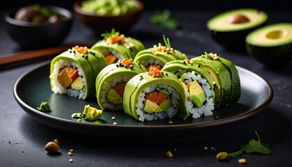 Fresh avocado sushi rolls on a plate healthy eating concept sushi arrangement with dark background and stylish presentation.