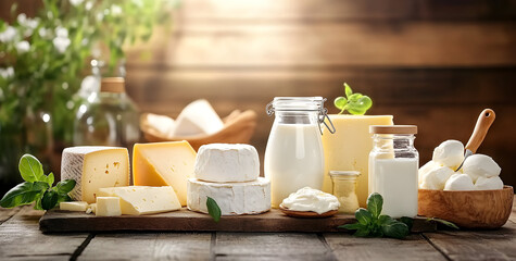 Assortment of Fresh Dairy Products on a Rustic Wooden Table