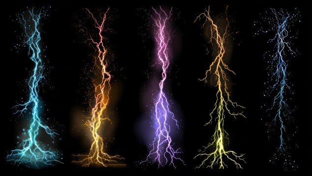 Vibrant photo of collection of colorful lightning strikes on black background for special effects