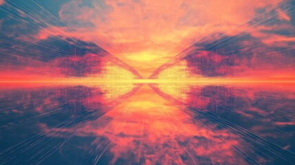 Digital horizon sunset light abstraction with data lines