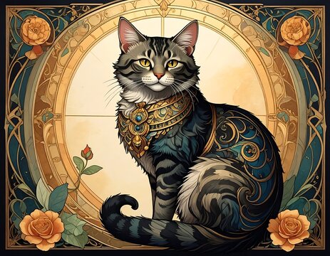 Regal tabby cat with ornate collar, surrounded by florals - Powered by Adobe