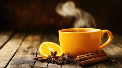 Cozy cup of steaming hot tea with orange and spices on rustic table for warm winter drink