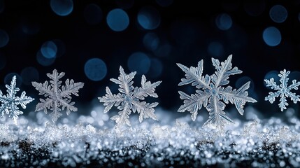 Beautiful macro snowflakes with intricate details on dark background with festive blue bokeh lights