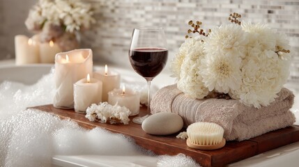 Luxurious and romantic spa setting for relaxing bubble bath with candles flowers and red wine