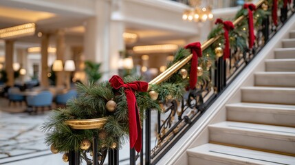 Elegant Christmas garland with red velvet bows on staircase railing in luxurious hotel lobby