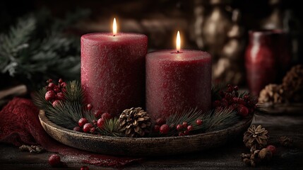 Cozy and rustic Christmas centerpiece with two burning red candles on dark wooden table