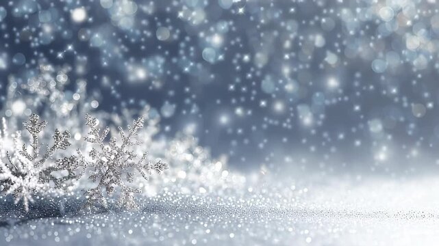 A snowflake is on the ground. The snow is white. Luxury holiday card background white snow sparkle