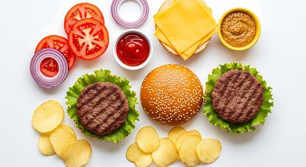 Burger ingredients laid out on a white surface, including buns, patties, cheese, lettuce, tomatoes, onions, ketchup, mustard, and chips