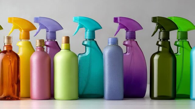 Colorful Assortment of Cleaning Supplies: Spray Bottles and Liquid Soap in a Row for Household Cleaning and Hygiene