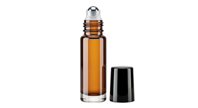 Essential oil roller bottle in amber glass with black cap  