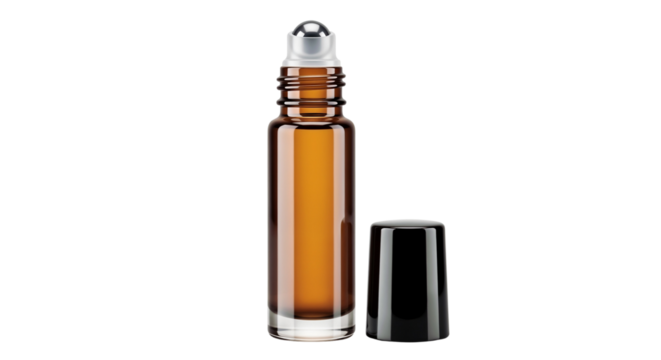 Essential oil roller bottle in amber glass with black cap  