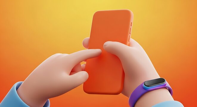 Cartoon hand using smartphone with orange background for social media
