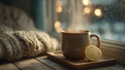A steaming cup of tea sits on a wooden table next to a slice of lemon. The background features a cozy knitted blanket and a window with raindrops.