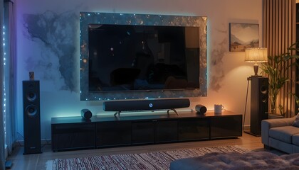 Relaxing modern living room with glowing lights, cozy furniture, and sleek audio setup, perfect for home entertainment and cinematic experiences