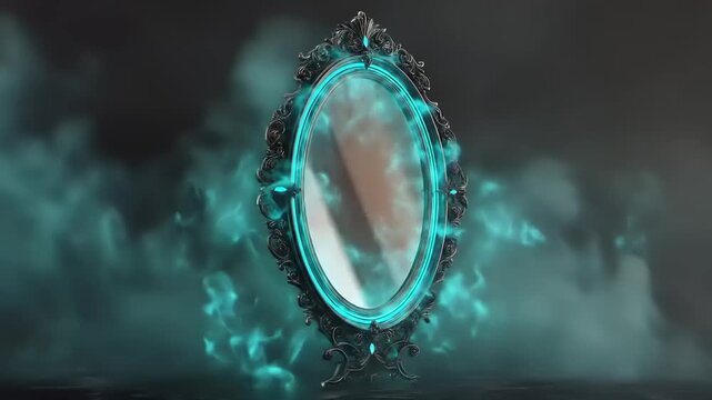 Mystical mirror with glowing aura amidst dark smokey atmosphere