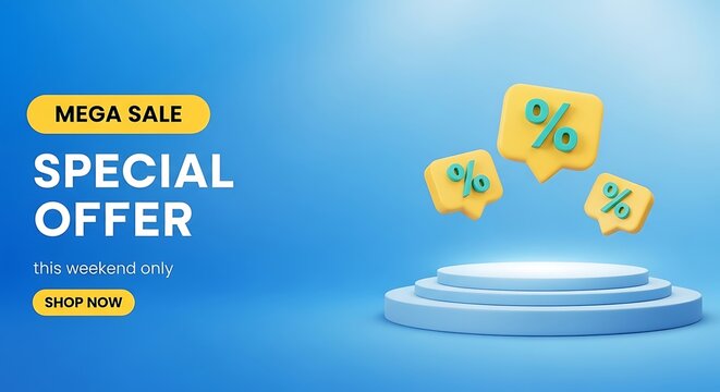 Special offer mega sale on a blue background with percentage icons and podium
