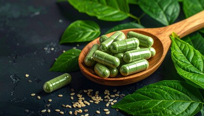 Green Herbal Supplement Capsules in Wooden Spoon with Green Leaves Background for Healthy Lifestyle.