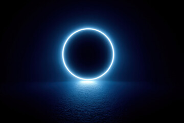 Glowing neon halo ring with blue to cyan gradient above a centered pedestal