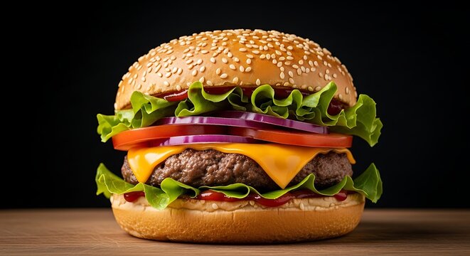 A gourmet hamburger stacked high with fresh lettuce, ripe tomato slices, red onion rings, and melted cheese, served on a sesame seed bun